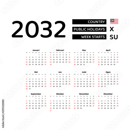 Calendar 2032 Malay language with Malaysia public holidays. Week starts from Sunday. Graphic design vector illustration.