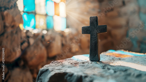 Rustic Stone Cross on Altar with Radiant Light and Stained Glass in Background