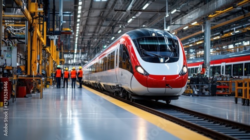 High-Speed Train Concept With Modern Design in a Maintenance Facility Featuring Technicians and Industrial Setting