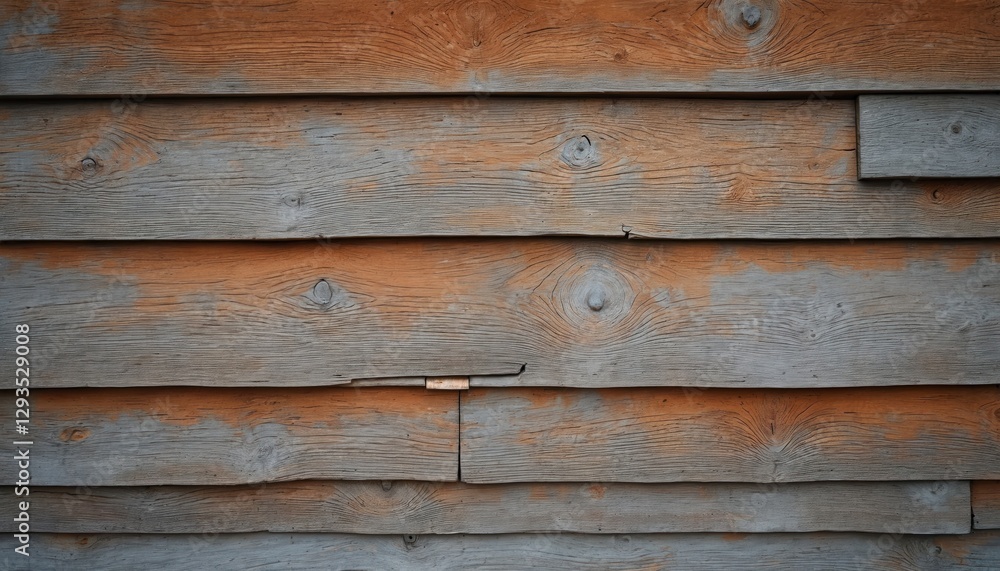 Fototapeta premium Weathered wood plank wall texture in rustic brown, grey tones. Old timber shows grain, natural surface, aged vintage look. Rough distressed planks feature fractured parts, faded uneven color.