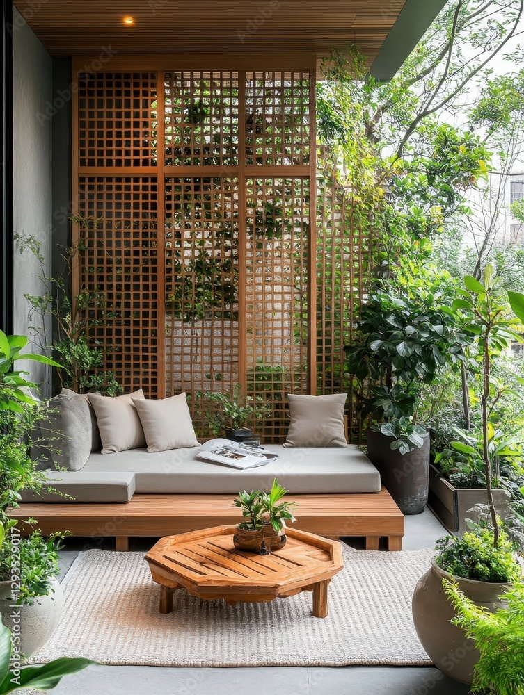 Fototapeta premium A wooden deck with cushions and plants in a zen setting