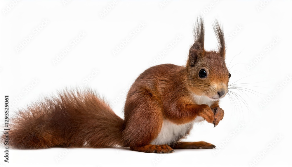 Eurasian Red Squirrel in Pure White Background Majestic Wildlife Portrait, Showcasing Soft Fur Textures and Bright Eyes against a Stark Contrast, Perfect for Digital Art, Home Decor, or Design Eurasian Red Squirrel in Pure White Background Majestic Wildlife Portrait, Showcasing Soft Fur Textures and Bright Eyes against a Stark Contrast, Perfect for Digital Art, Home Decor, or Design