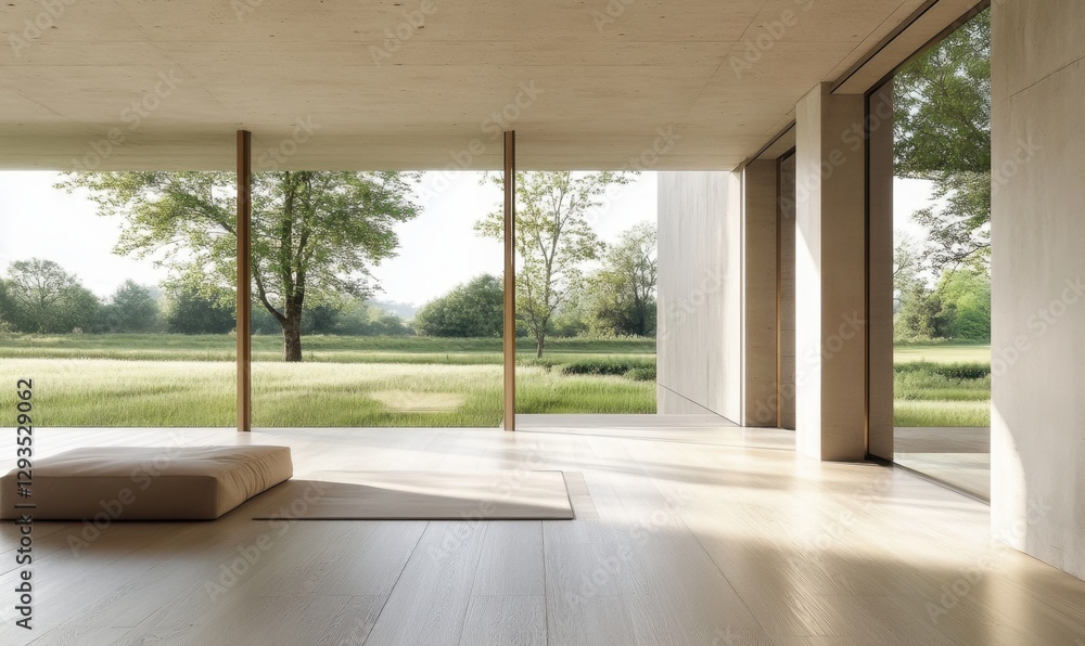 Obraz premium A large open room with a white wall and a tan bed. The room is empty and has a lot of windows