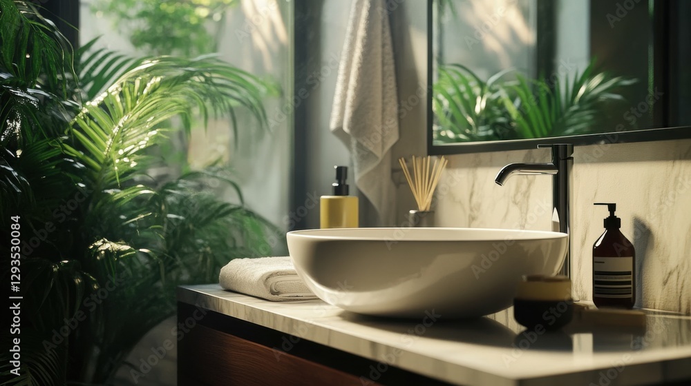 Fototapeta premium A serene bathroom scene featuring a stylish sink, lush greenery, and elegant toiletries, creating a calming and refreshing atmosphere.