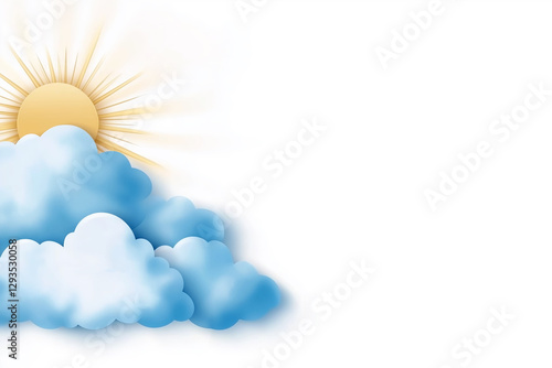 Clouds and sun on white background with copy space. Weather forecast concept. World Meteorological Day photo