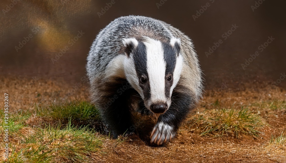 Sixmonth old European badger roaming through lush forest habitat, showcasing playful curiosity with a touch of mystery and wonder in a serene woodland landscape. Sixmonth old European badger roaming through lush forest habitat, showcasing playful curiosity with a touch of mystery and wonder in a serene woodland landscape.