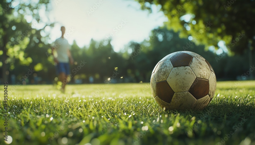 Fototapeta premium A Worn Soccer Ball on a Sunny Green Field