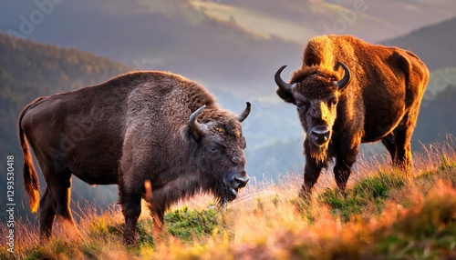 Fototapeta Naklejka Na Ścianę i Meble -  Majestic Wisent Amidst Snowy Carpathian Mountains A Powerful Giant Roaming the Bieszczady Landscape in Winter Twilight