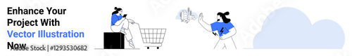 Woman placing items in shopping cart, other interacting with cloud icon. Ideal for e-commerce, technology, digital marketing, cloud computing, online shopping, business solutions, flat landing page