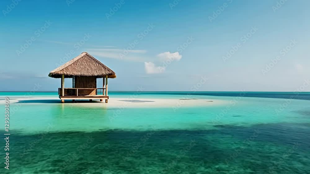 Picturesque Thatched Hut in Clear Turquoise Water on a Sunny Day with Blue Skies Tranquil Island Scenery Seaside Serenity Picturesque Thatched Hut in Clear Turquoise Water on a Sunny Day with Blue Skies Tranquil Island Scenery Seaside Serenity