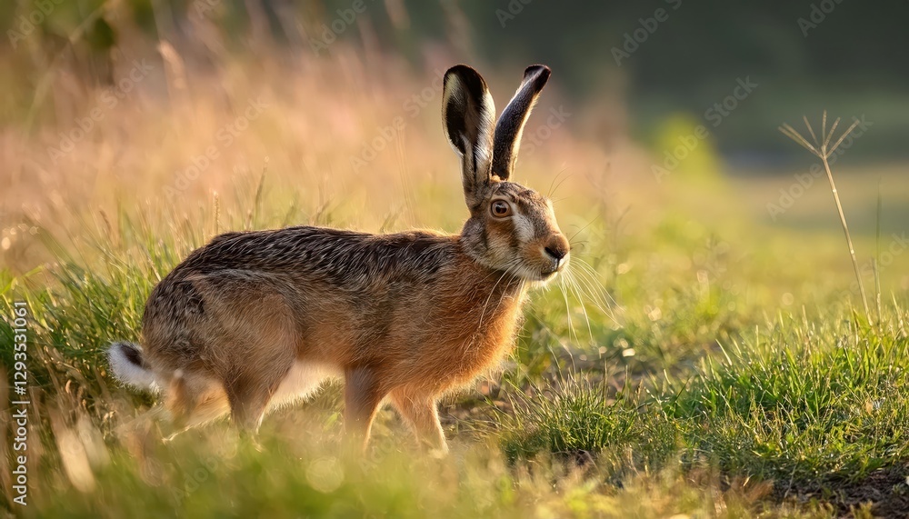 Serene European Brown Hare Amidst the Lush Green Landscape of Hesse, Germany Tranquil Moment Captured in Early Evening Light, Showcasing the Grace and Agility of Wildlife. Serene European Brown Hare Amidst the Lush Green Landscape of Hesse, Germany Tranquil Moment Captured in Early Evening Light, Showcasing the Grace and Agility of Wildlife.
