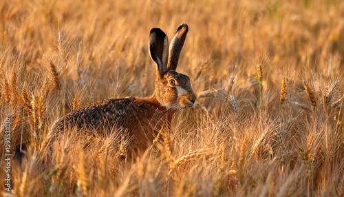 European Brown Hare in Grain Field Serene Gaze Amidst Golden Ripples, Striking against the Backdrop of Bavarian Countryside at Sunset photo