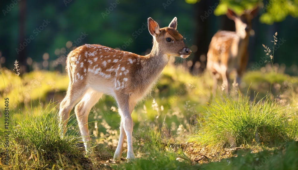 Vivid Fawn Portrait Against the Backdrop of a Misty German Forest Morn, Capturing the Innocence and Majesty of the European Fallow Deer in Bavaria Vivid Fawn Portrait Against the Backdrop of a Misty German Forest Morn, Capturing the Innocence and Majesty of the European Fallow Deer in Bavaria
