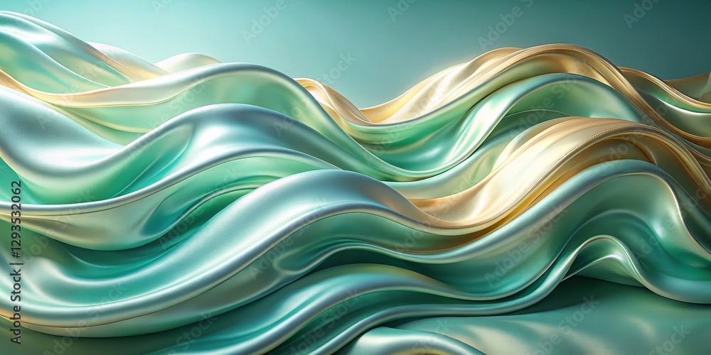 Flowing Silk Fabric with Gentle Waves in Soft Aqua and Gold Tones Flowing Silk Fabric with Gentle Waves in Soft Aqua and Gold Tones