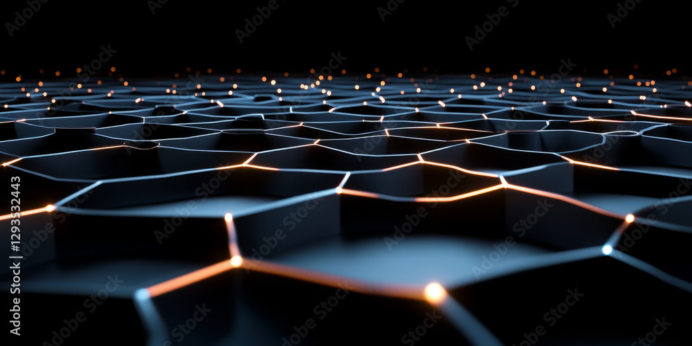 Obraz premium A mesmerizing abstract background featuring an intricate network of interconnected luminous hexagons, pulsating with a cyber-digital glow. The futuristic pattern symbolizes artificial intelligence,