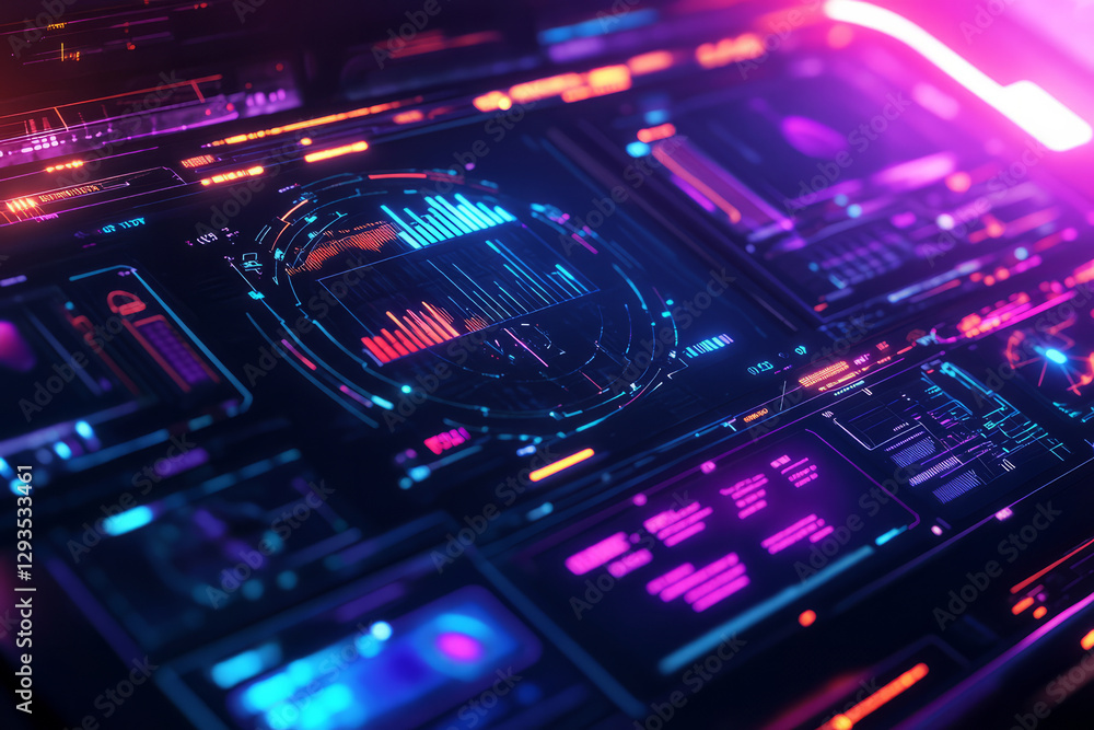 Abstract cybernetic interface with a glowing holographic dashboard, displaying futuristic data charts, neural networks, and AI-driven digital elements. The high-tech background includes luminous Abstract cybernetic interface with a glowing holographic dashboard, displaying futuristic data charts, neural networks, and AI-driven digital elements. The high-tech background includes luminous