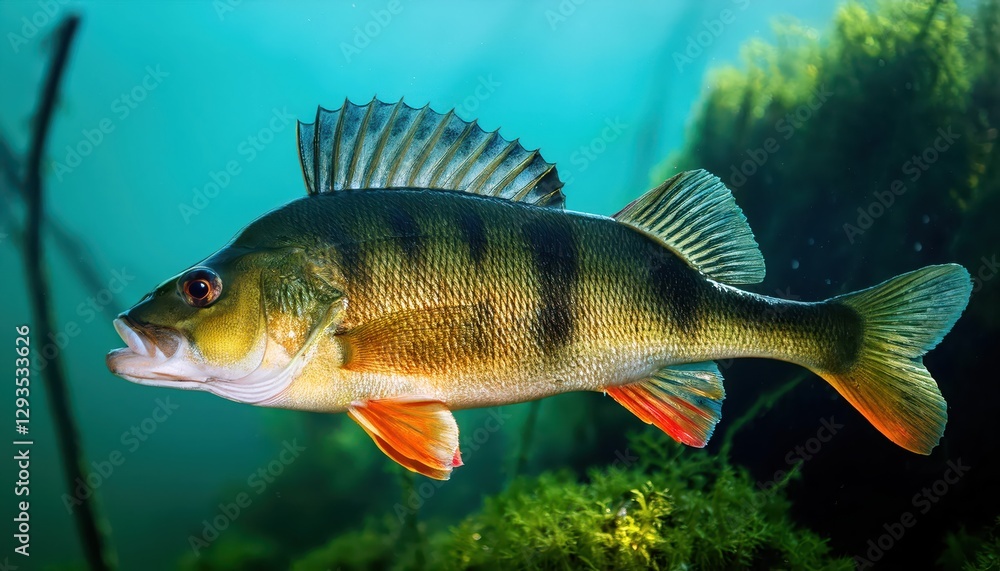 European Perch Perca fluviatilis in Serene Aquatic Landscape, Underwater Majesty Showcased in Stunning Detail on a Cool Winter Afternoon. European Perch Perca fluviatilis in Serene Aquatic Landscape, Underwater Majesty Showcased in Stunning Detail on a Cool Winter Afternoon.