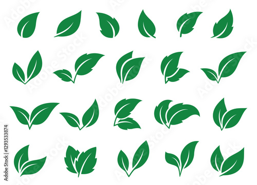 set green leaves icons with branches and twigs