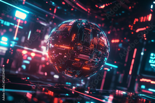 A high-tech futuristic energy sphere floating in deep cyberspace, surrounded by glowing digital connections, cybernetic light waves, and holographic AI-driven symbols. The abstract sci-fi background