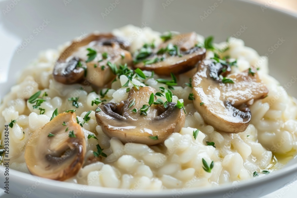 Creamy mushroom risotto on white plate. Neural network AI generated Creamy mushroom risotto on white plate. Neural network AI generated