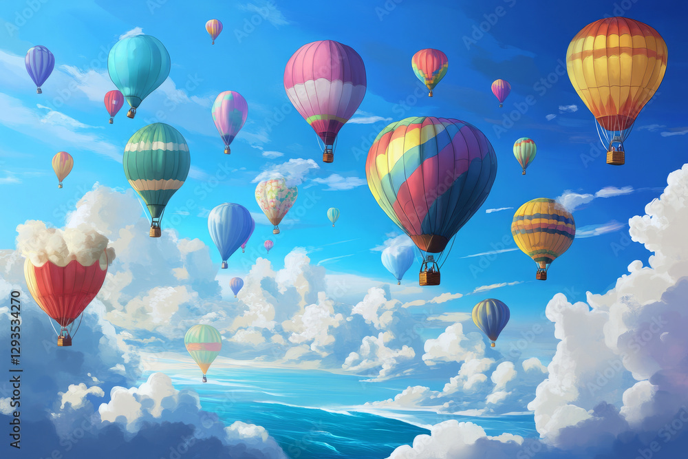 Obraz premium Illustration of a whimsical hot air balloon festival high above a vast ocean. The sky is filled with vibrant balloons in various shapes and colors, drifting lazily amidst fluffy clouds, while the sea