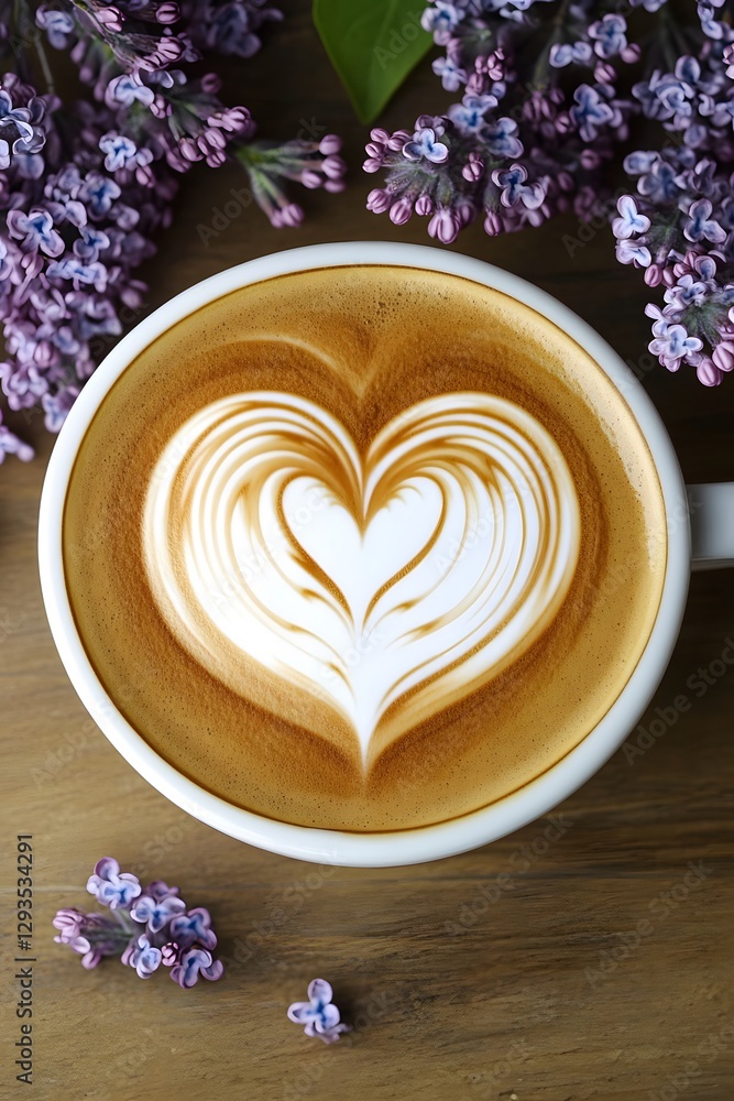 Latte Art Heart Coffee Cup with Lilac Flowers Latte Art Heart Coffee Cup with Lilac Flowers