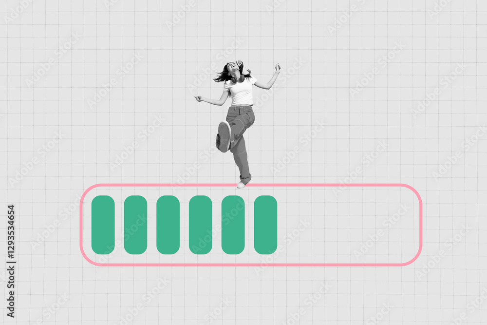 Composite art 3d collage of happy girl dance loading indicator charge system weekend vibe disco occasion power voltage source Composite art 3d collage of happy girl dance loading indicator charge system weekend vibe disco occasion power voltage source