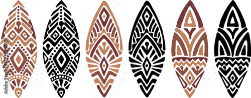 African shields decorative drawn vector illustration. Perfect for bohemian interior design. Leaf shape with tribal ornament. Vector art isolated on white background. Surfboards set with ethnic pattern