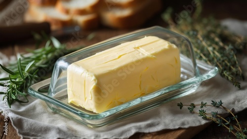 Fresh butter on display with herbs and bread in a rustic kitchen setting