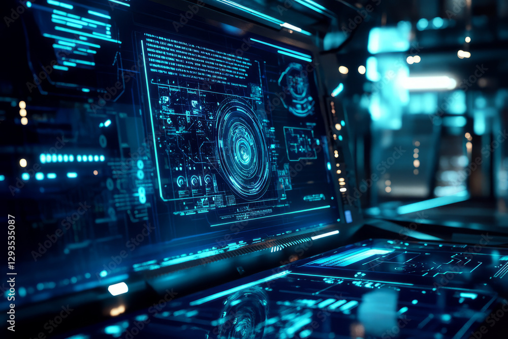 A glowing futuristic digital command center, featuring AI-powered holographic control panels, cybernetic data grids, and swirling energy streams. The high-tech abstract background represents A glowing futuristic digital command center, featuring AI-powered holographic control panels, cybernetic data grids, and swirling energy streams. The high-tech abstract background represents
