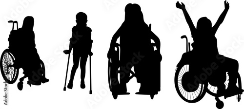 silhouette children in wheelchairs on white background, vector