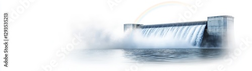 Majestic Waterfall with Rainbow and Mist Over Serene Lake View