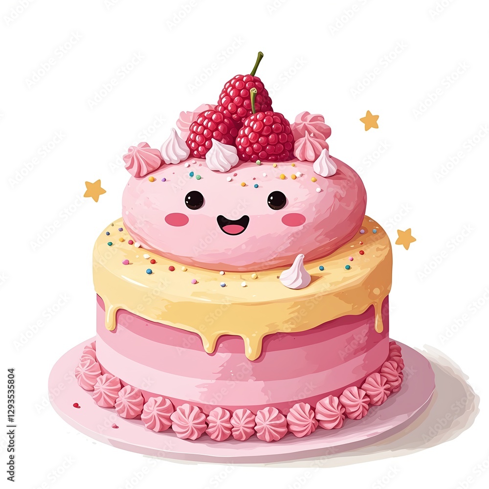 A cake with a candle on top and strawberries on it. The cake is decorated with a smiley face and the candle is lit A cake with a candle on top and strawberries on it. The cake is decorated with a smiley face and the candle is lit