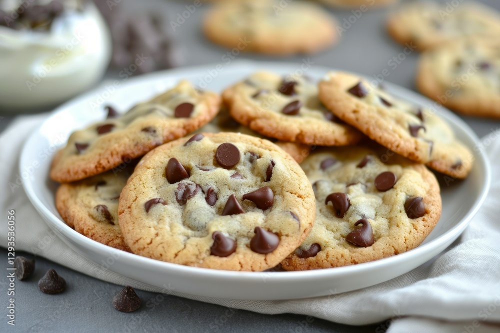 Stack of chocolate chip cookies on marble table. Neural network AI generated Stack of chocolate chip cookies on marble table. Neural network AI generated
