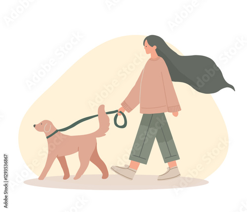강아지 산책하는 여성 백터 일러스트