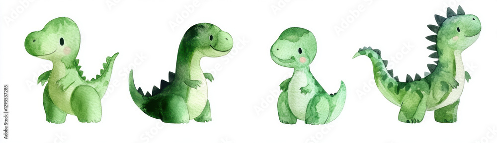 Fototapeta premium Cute pastel colored watercolor dinosaurs in various poses, showcasing their playful expressions and charming features. Perfect for children illustrations or decor