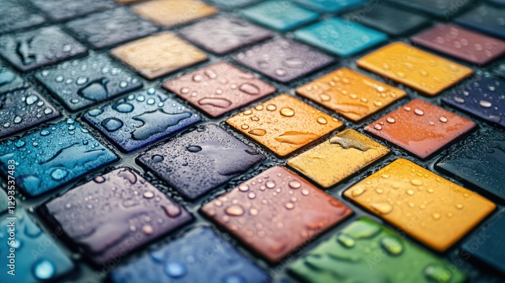 Fototapeta premium Colorful tile with glimmering water droplets showcasing a beautifully textured surface in a refreshing and bright display