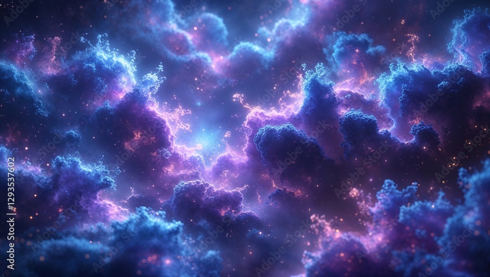 Fototapeta premium A mesmerizing backdrop of swirling hues blends blues, purples, and pinks, resembling a cosmic atmosphere filled with wispy clouds and sparkling stars, evoking feelings of wonder and curiosity