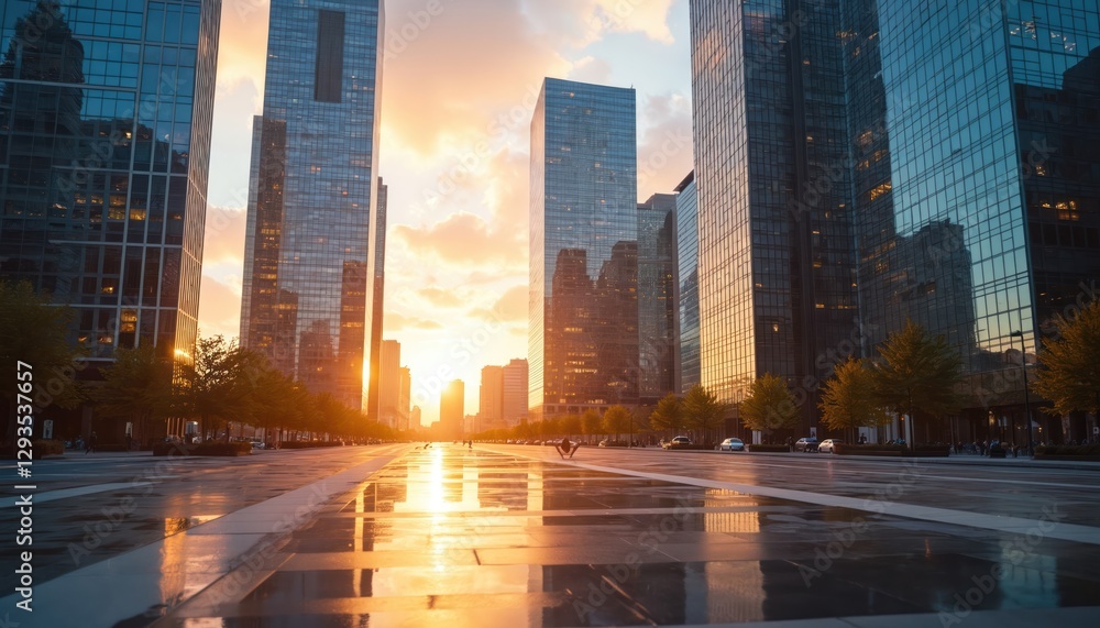 Obraz premium Modern business district at sunset. Reflective office buildings, skyscrapers, trees line avenue, with sunlight reflecting off wet ground. Urban landscape of city financial center.