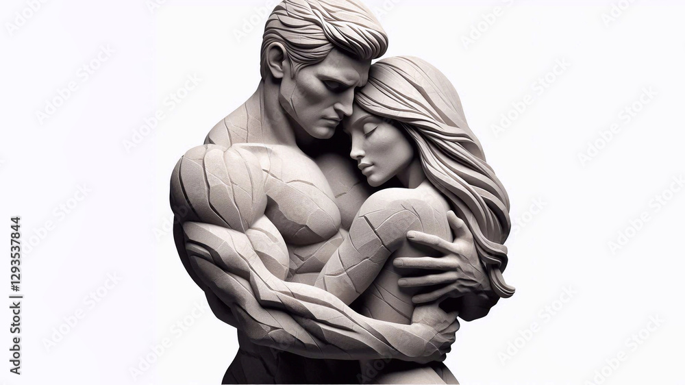 3D sculpture of a masculine athletic man hugging a woman with a refined figure, skillfully made of petrified rock, realistic, detailed texture. Symbol of strong family and love relationships