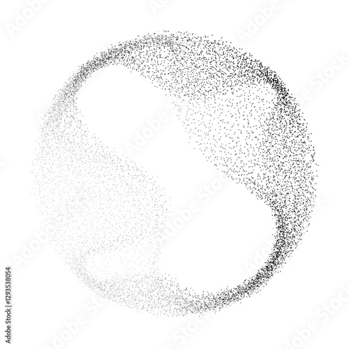 Abstract vector black dot particles fluid flowing round shape wavy smooth curve on transparent background in concept of technology, science, music, modern.