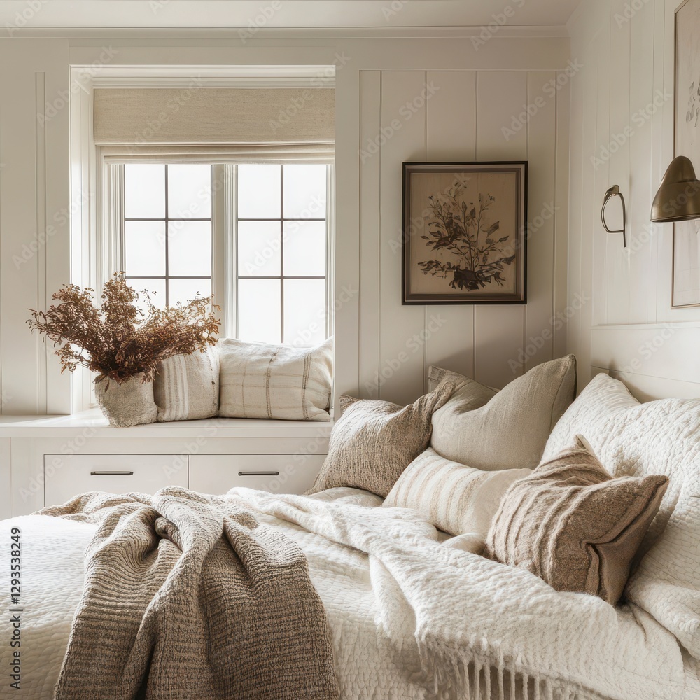 Fototapeta premium A cozy bedroom scene features many soft pillows and a window