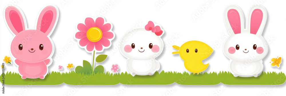 Obraz premium Cute cartoon animals including bunnies, chick, and flower in vibrant garden setting. This playful illustration evokes joy and warmth, perfect for children themes