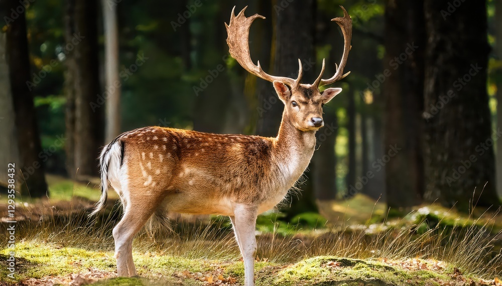 Fallow Deer Standing in Forest Majestic Mammal Stands Tall amidst Lush Greenery and Dappled Light, Depicting a Peaceful Woodland Scene at Twilight Fallow Deer Standing in Forest Majestic Mammal Stands Tall amidst Lush Greenery and Dappled Light, Depicting a Peaceful Woodland Scene at Twilight