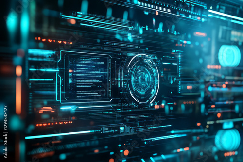 Floating digital interface with futuristic holographic data projections, abstract cyber environment, ultra-HD, sci-fi aesthetic, glowing neon light details.