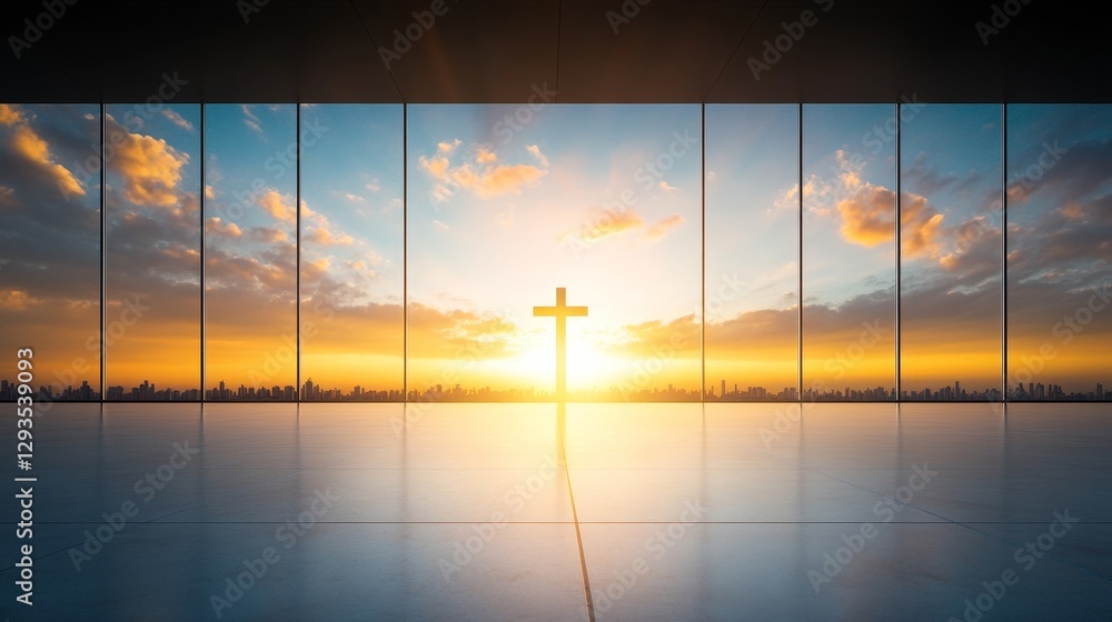 Fototapeta premium Awe-Inspiring Sunrise Behind Cross in Modern Interior Space
