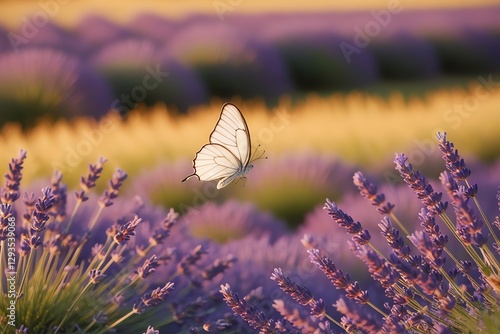 A black-veined white butterfly drifts gracefully over a lavender field, its delicate wings glowing in the soft golden light.
