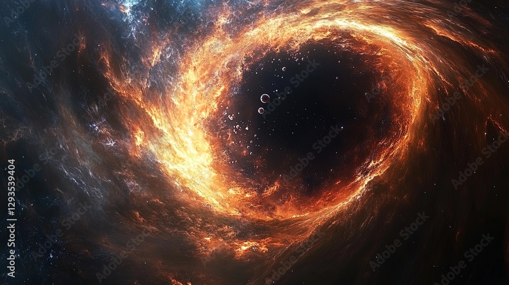 Obraz premium Depiction of quantum gravity with particles orbiting around a black hole, colorful and intense 