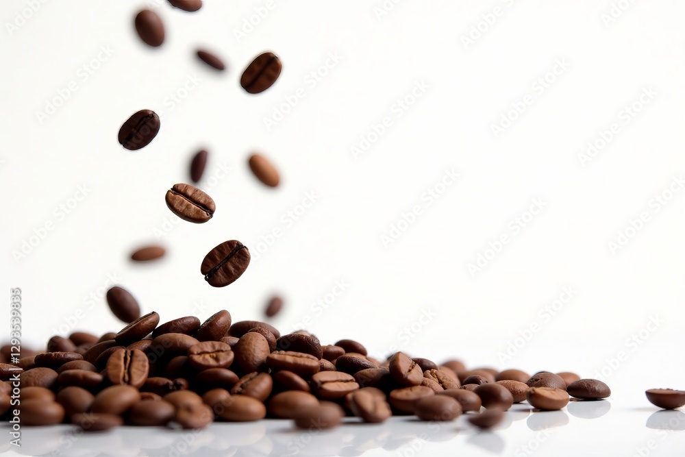 Obraz premium Close-up of falling coffee beans against white background, aroma, motion