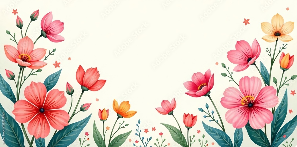 Vibrant hand-drawn floral illustration with blooming spring flowers on a light background, light, doodle Vibrant hand-drawn floral illustration with blooming spring flowers on a light background, light, doodle